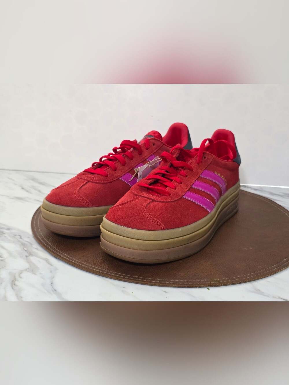 adidas Gazelle Platform Sneakers in Red with Pink Stripes - Picture 2 of 9